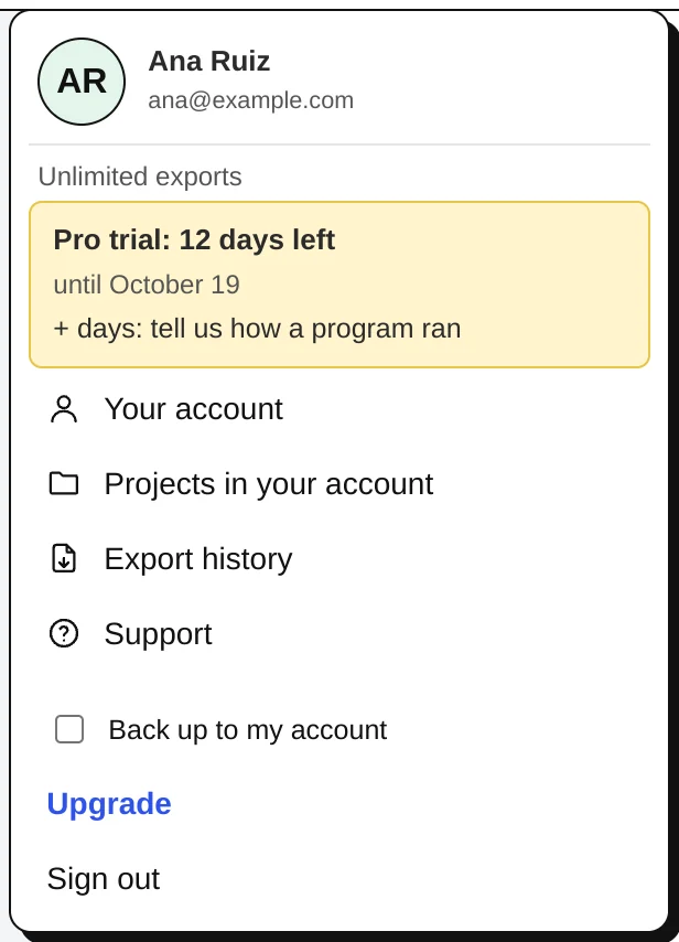 The account menu: name, plan and trial days, your account, projects, export history, support, backup, sign out.