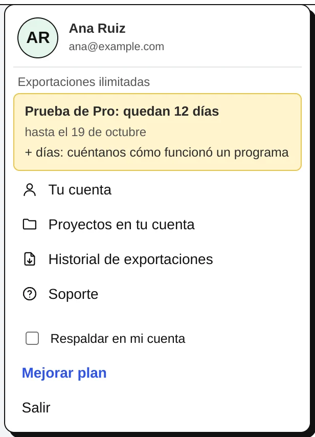 El menú de la cuenta: nombre, plan y días de prueba, tu cuenta, proyectos, historial, soporte, copia de seguridad, salir.