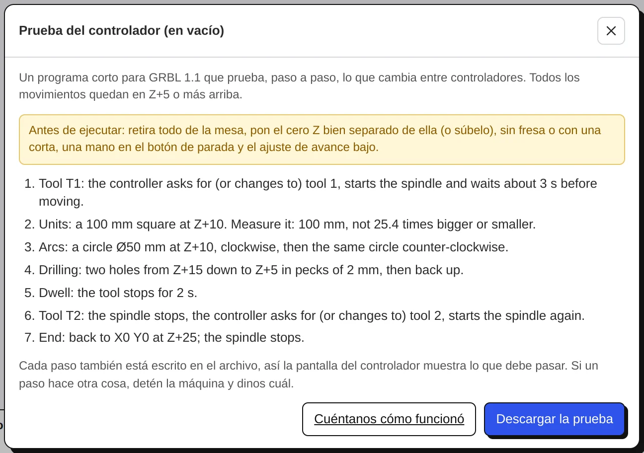 La ventana de la prueba del controlador: los pasos, la nota de seguridad, descargar la prueba.