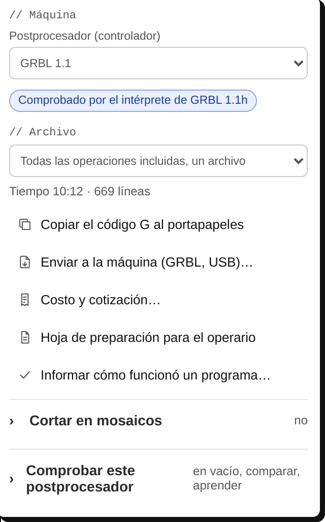 El menú de exportación: el postprocesador y su insignia, el archivo, copiar, enviar, costo y cotización, hoja de preparación, informe.