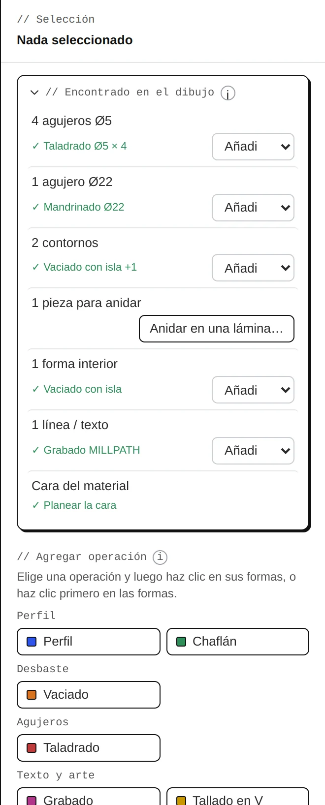 Encontrado en el dibujo: agujeros, contornos, texto y las operaciones sugeridas.
