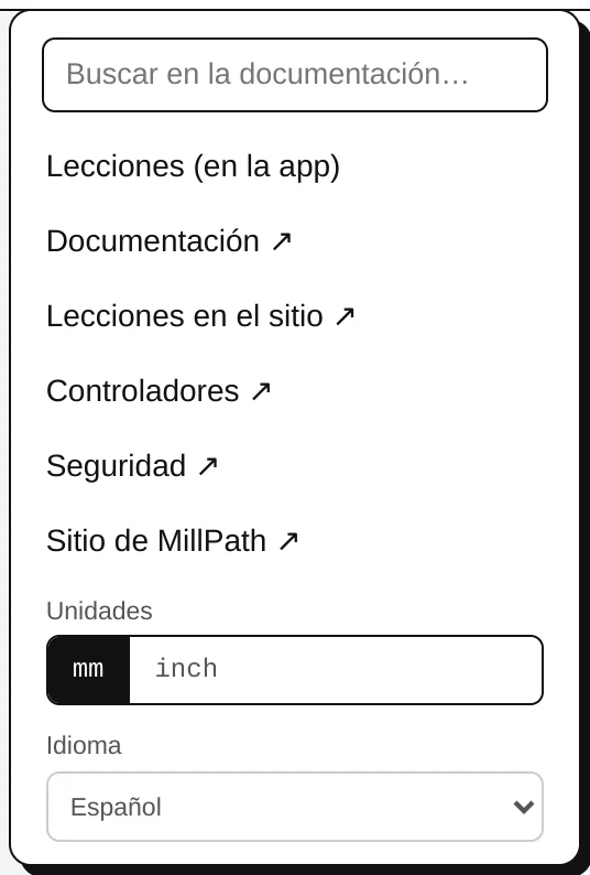 El menú de ayuda: buscar, lecciones, documentación, controladores, seguridad, unidades, idioma.