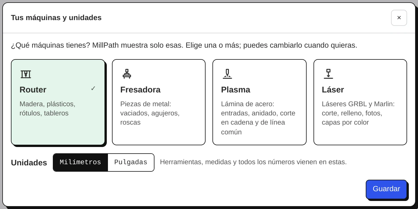 Tus máquinas y unidades: Router, Fresadora, Plasma, Láser; milímetros o pulgadas.