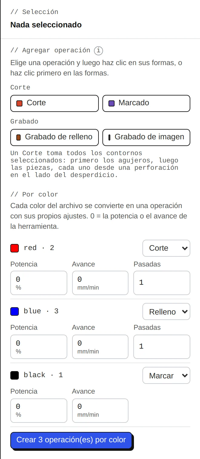 Operaciones por color: cada color del archivo se vuelve Corte, Relleno, Marcado o nada, con potencia, avance y pasadas.