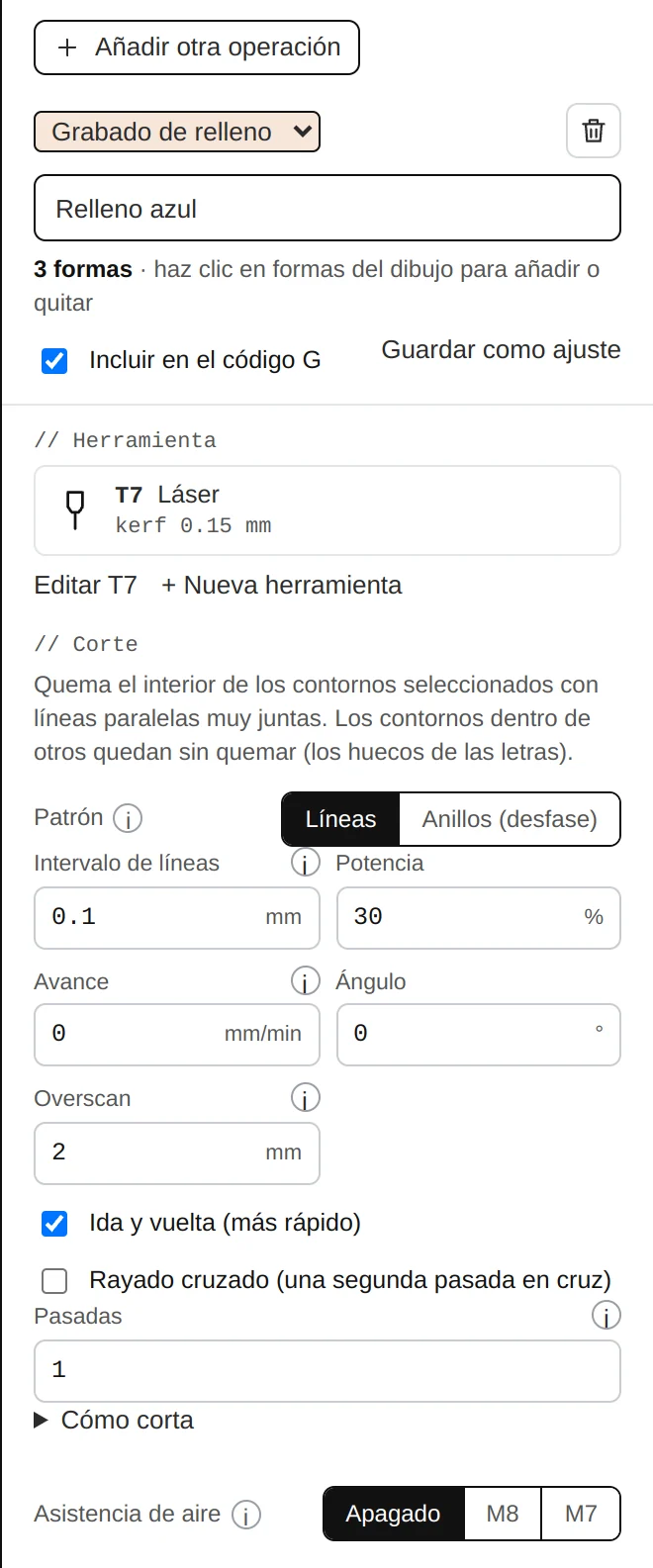 Una capa de grabado de relleno: patrón, intervalo, potencia, avance, ángulo, overscan, cruzado, pasadas.