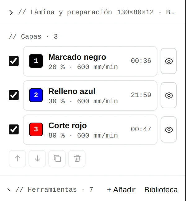 Las capas: marcar, rellenar, cortar, cada una con potencia, avance y tiempo.