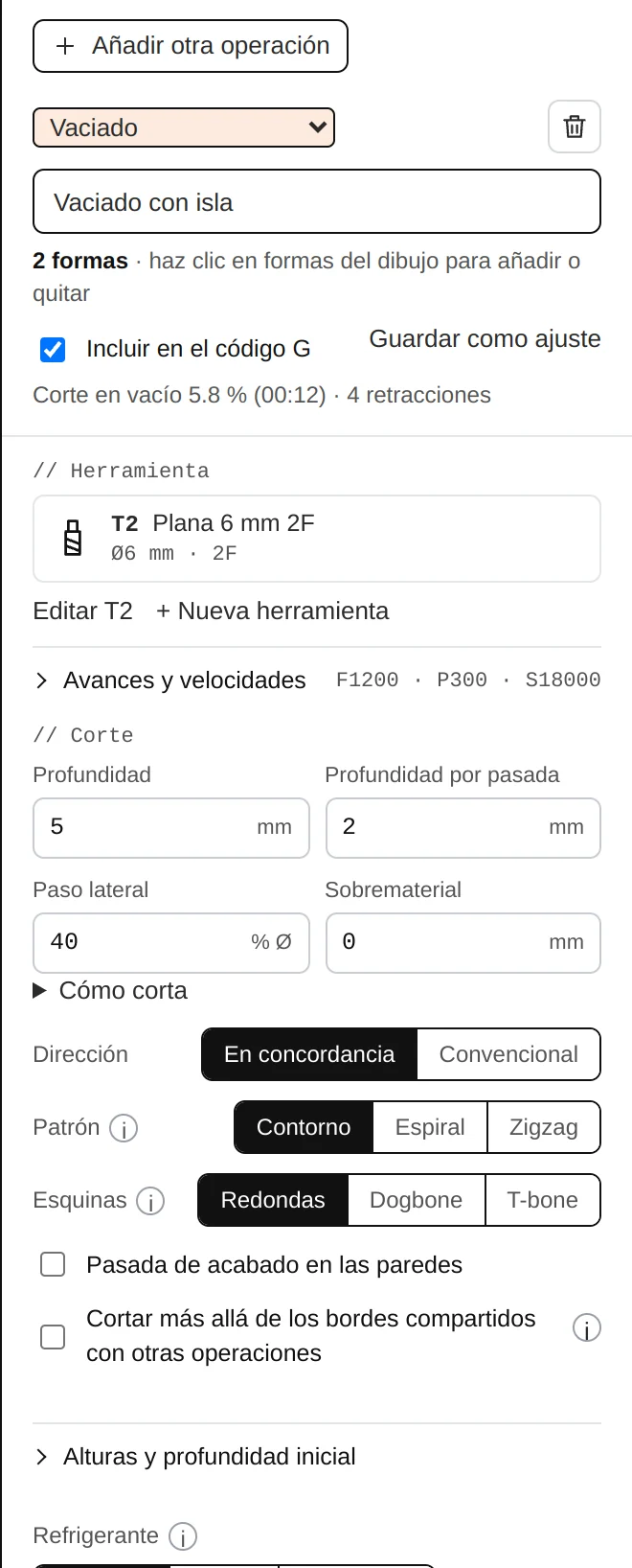 Los ajustes de una operación de vaciado.