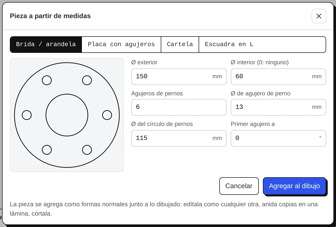 Pieza a partir de medidas: una brida con sus medidas y la vista previa.