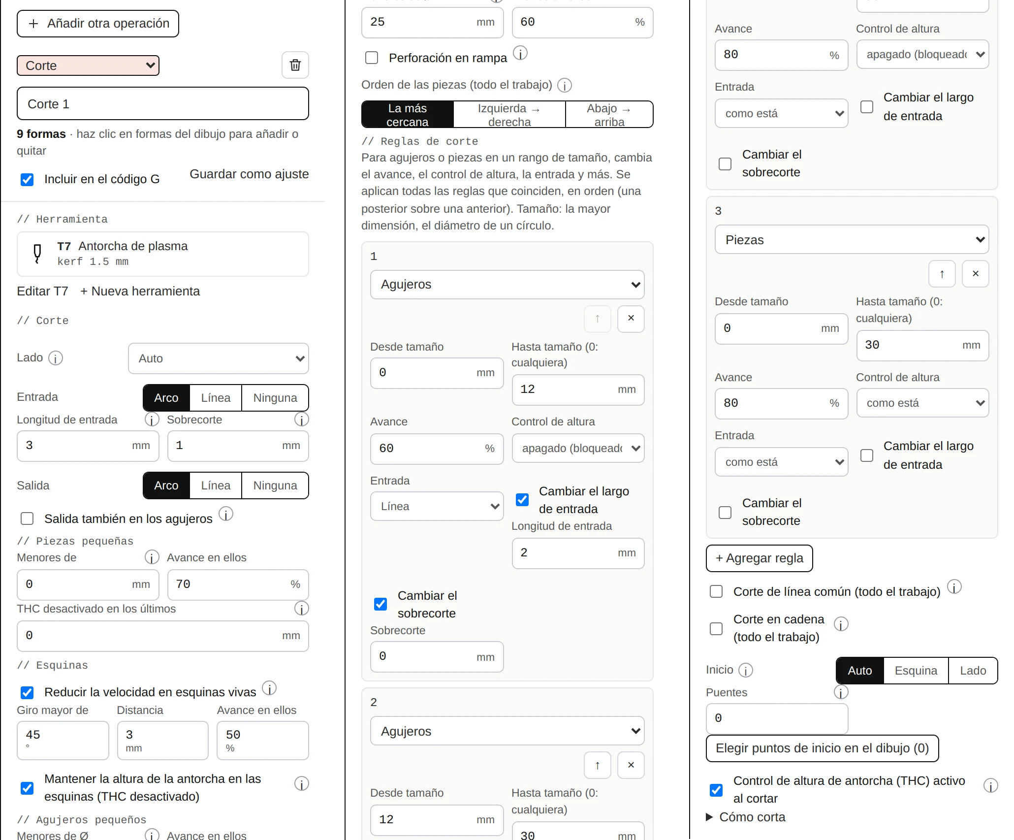 Todos los ajustes de una operación de Corte de plasma, en tres columnas.