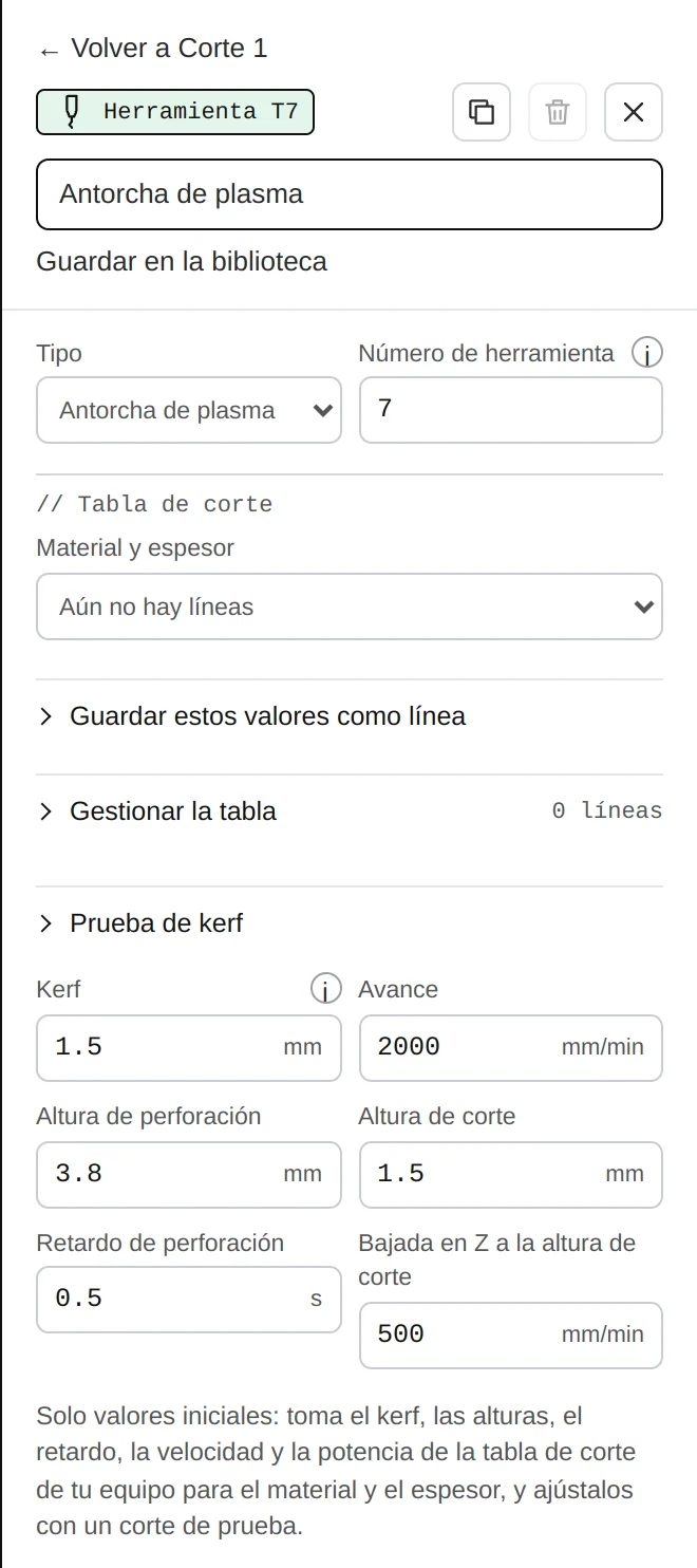 La antorcha de plasma: la tabla de corte, guardar estos valores como línea, gestionar la tabla, la prueba de kerf.