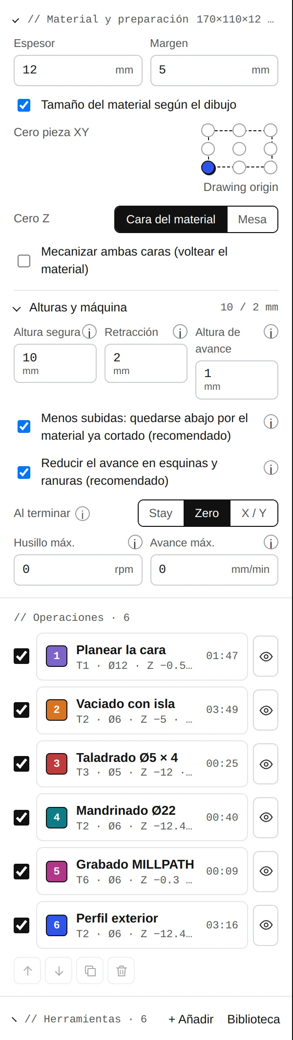 Material y preparación, y Alturas y máquina, abiertos en el panel izquierdo.