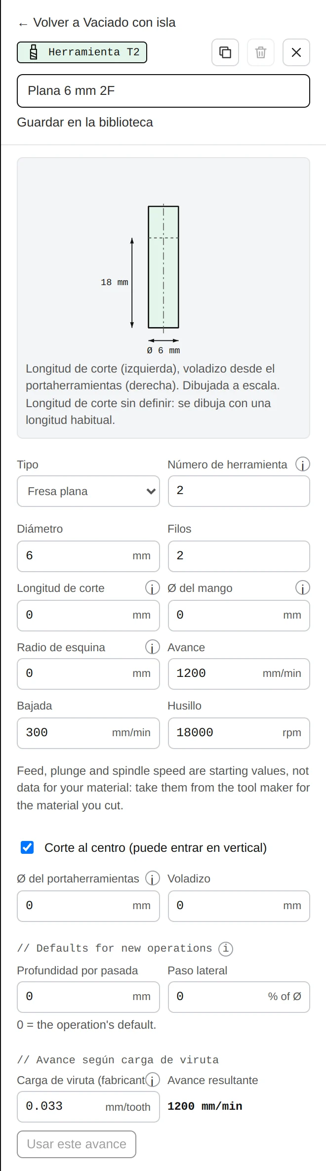 El editor de herramientas: nombre, la herramienta dibujada a escala, tipo, número, diámetro, filos, largos, avance, bajada y husillo.