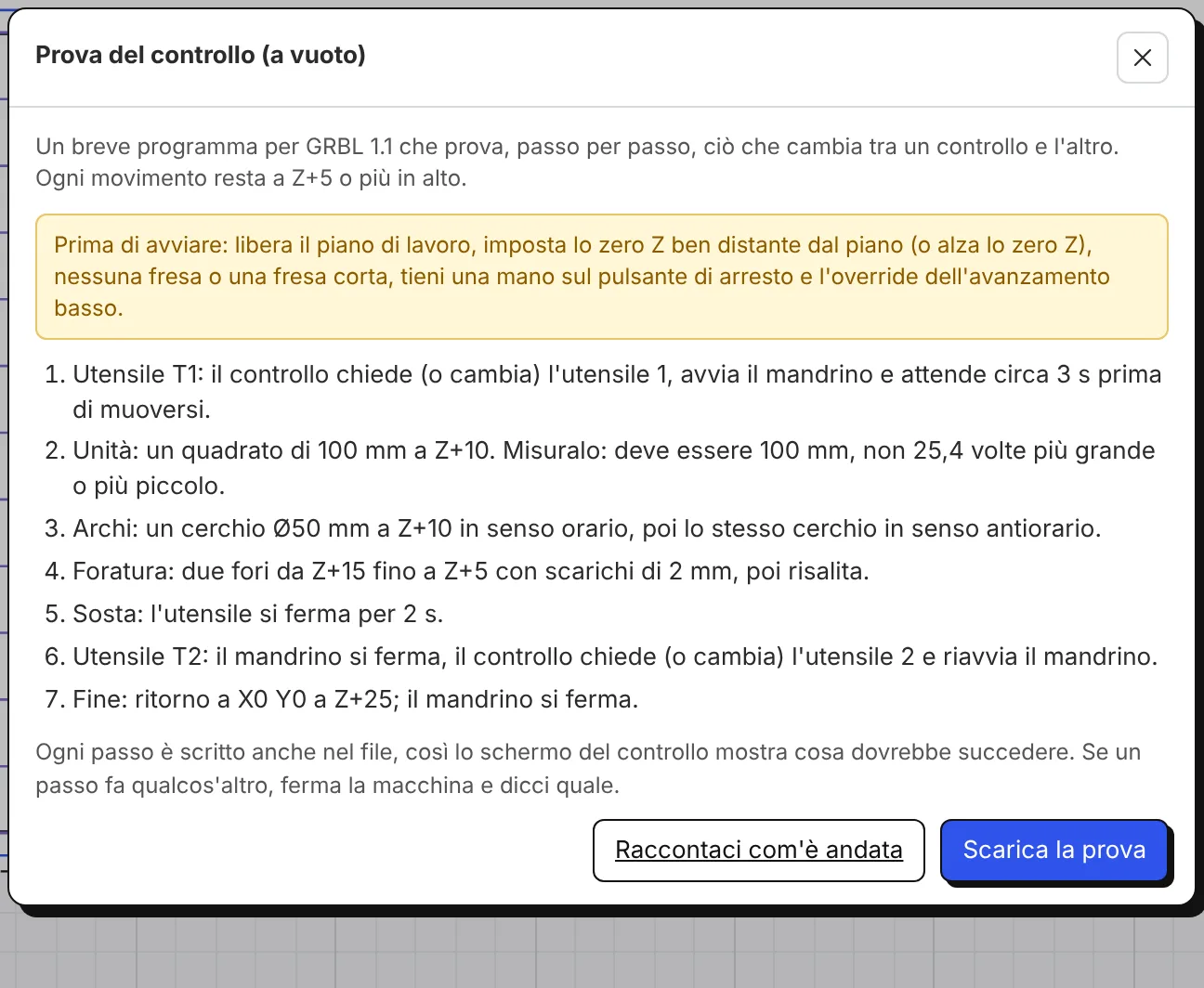 La finestra della prova del controllo: i passi, la nota di sicurezza, il download della prova.