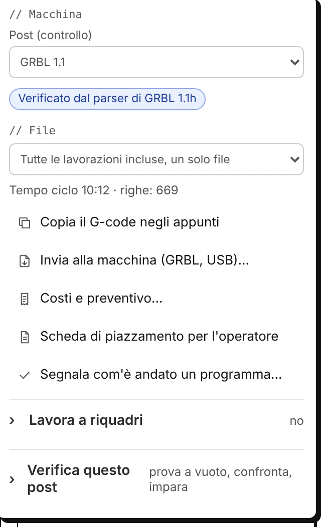 Il menu di esportazione: il post e il suo badge, il file, copia, invia, costi e preventivo, scheda di piazzamento, segnalazione, lavora a riquadri, verifica questo post.