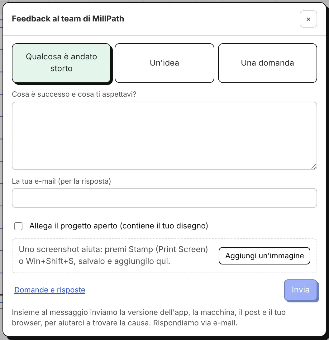 La finestra Feedback: qualcosa è andato storto, un'idea, una domanda.