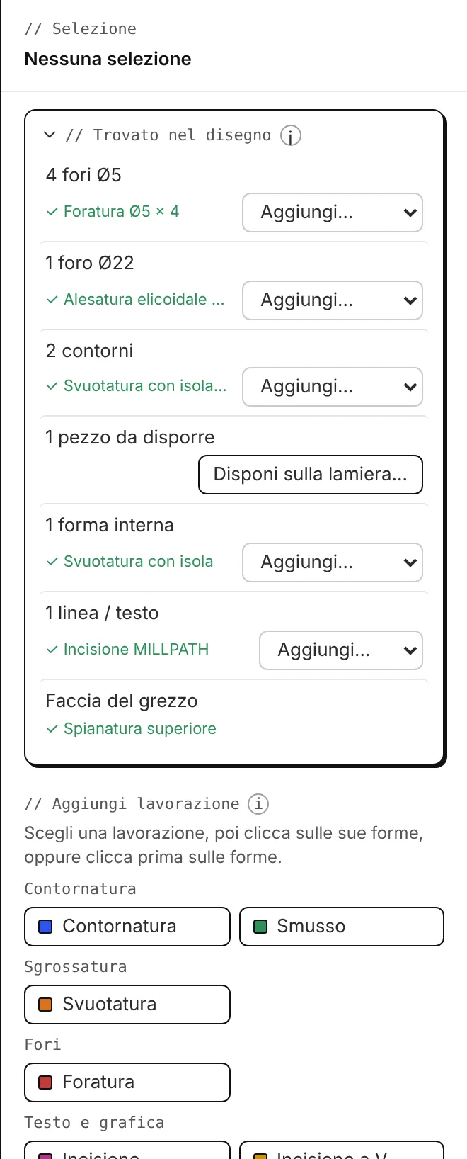 Trovato nel disegno: fori, contorni, testo e le lavorazioni suggerite.
