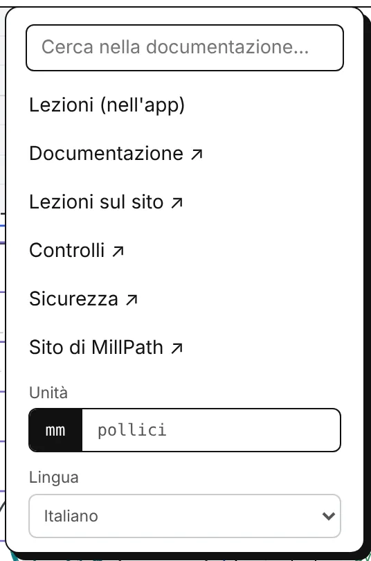 Il menu di aiuto: ricerca, lezioni, documentazione, controlli, sicurezza, unità, lingua.