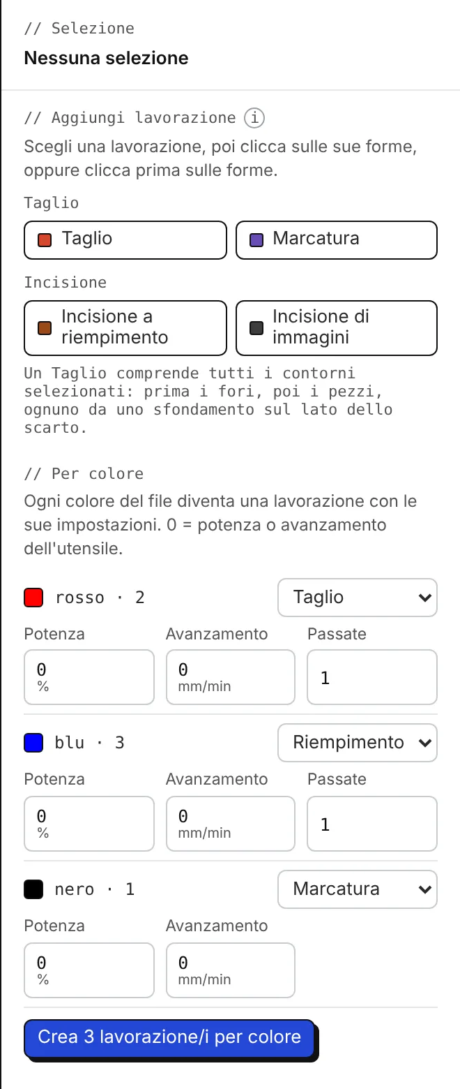 Lavorazioni per colore: ogni colore del file diventa Taglio, Riempimento, Marcatura o niente, con potenza, avanzamento e passate.