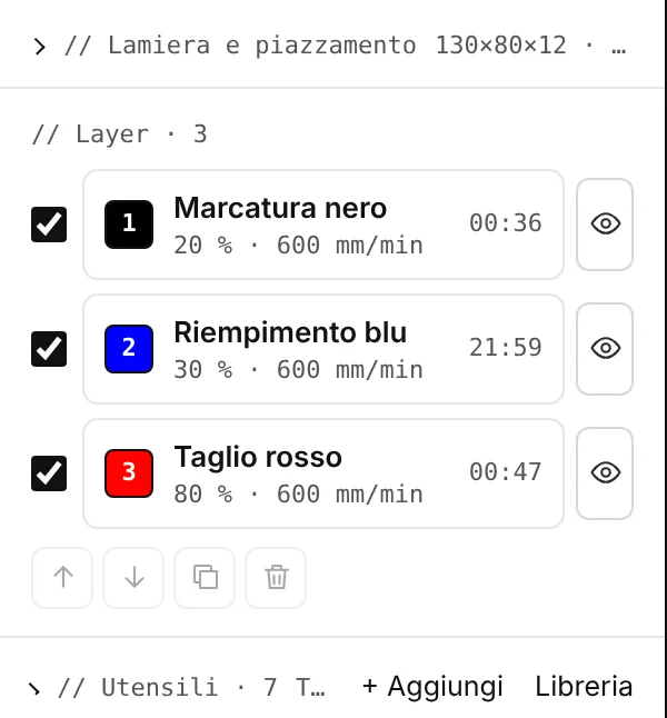 I layer: Marcatura, Riempimento, Taglio, ognuno con potenza, avanzamento e tempo ciclo.