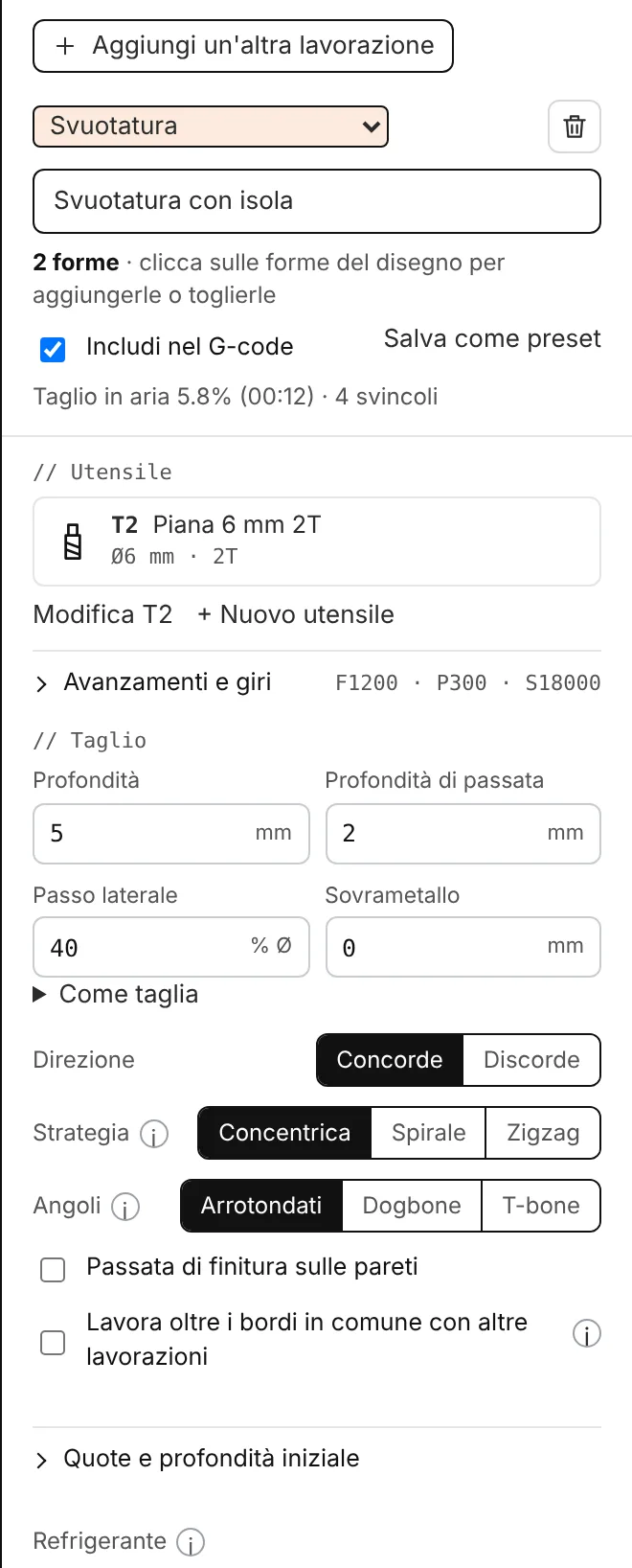 Le impostazioni di una lavorazione di svuotatura.