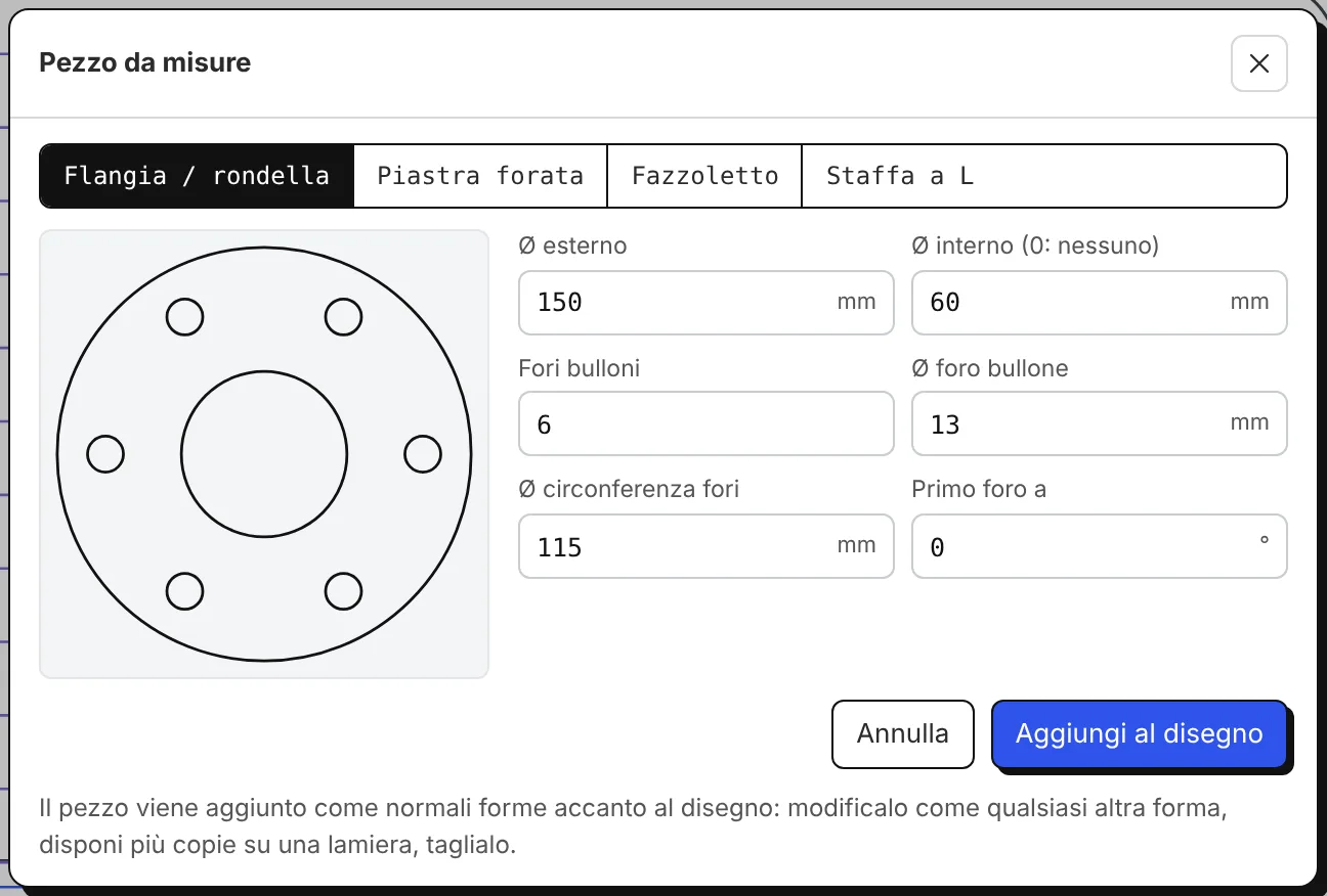 Pezzo da misure: una flangia con le sue misure e l'anteprima dal vivo.