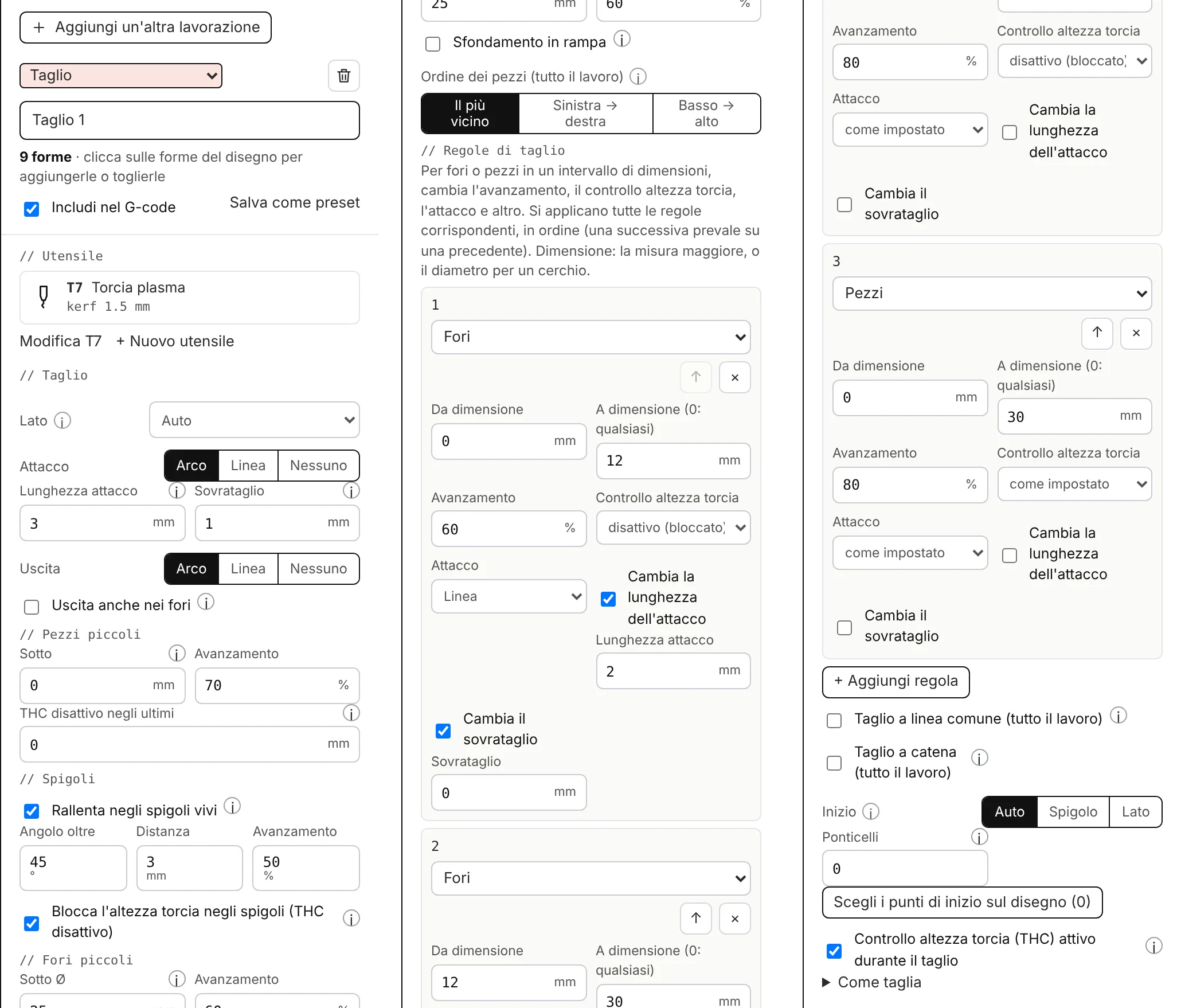 Tutte le impostazioni di una lavorazione di Taglio plasma, in tre colonne.