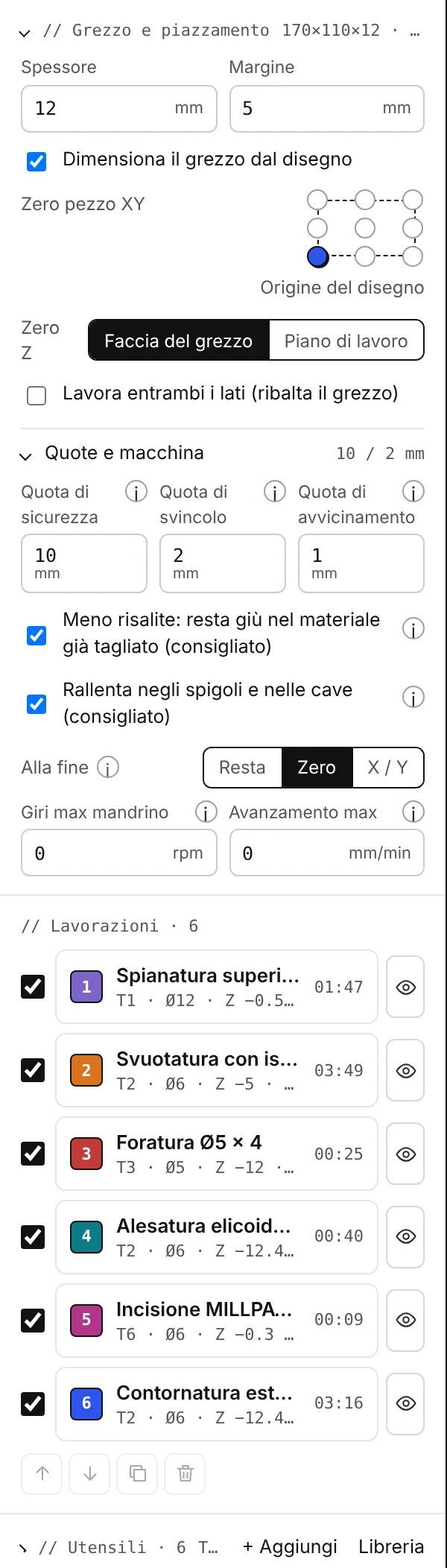 Grezzo e piazzamento, e Quote e macchina, aperti nel pannello di sinistra.
