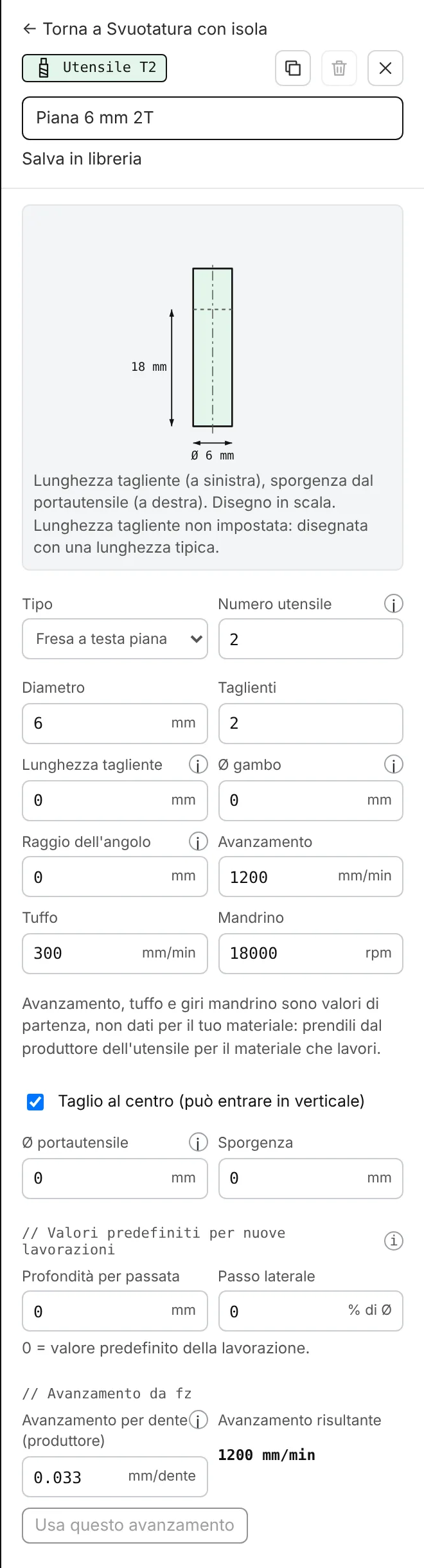 L'editor utensile: nome, disegno in scala dell'utensile, tipo, numero, diametro, taglienti, lunghezze, avanzamento, tuffo e mandrino.