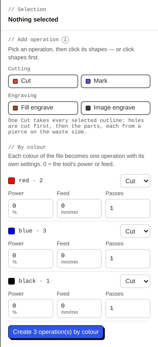 Operations by colour: each colour of the file becomes Cut, Fill, Mark or nothing, with power, feed and passes.