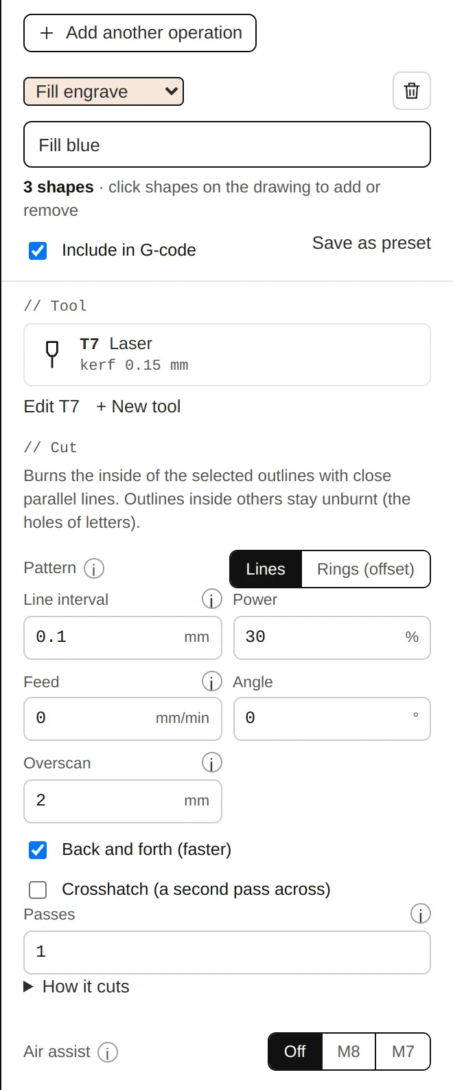 A Fill engrave layer: pattern (lines or rings), line interval, power, feed, angle, overscan, crosshatch, passes.