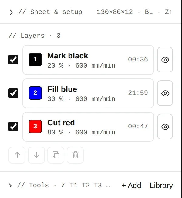 The layers: Mark black, Fill blue, Cut red, each with power, feed and run time.