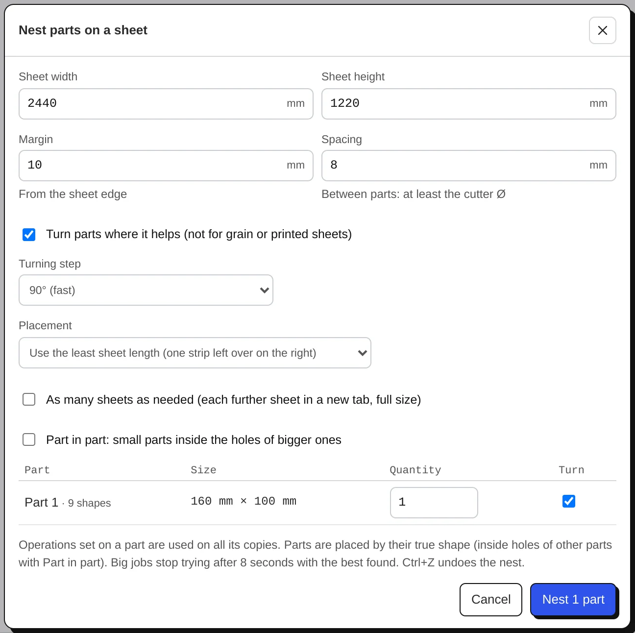 The Nest window: sheet size, margin, spacing, turning, placement, sheets, part in part, quantity per part.
