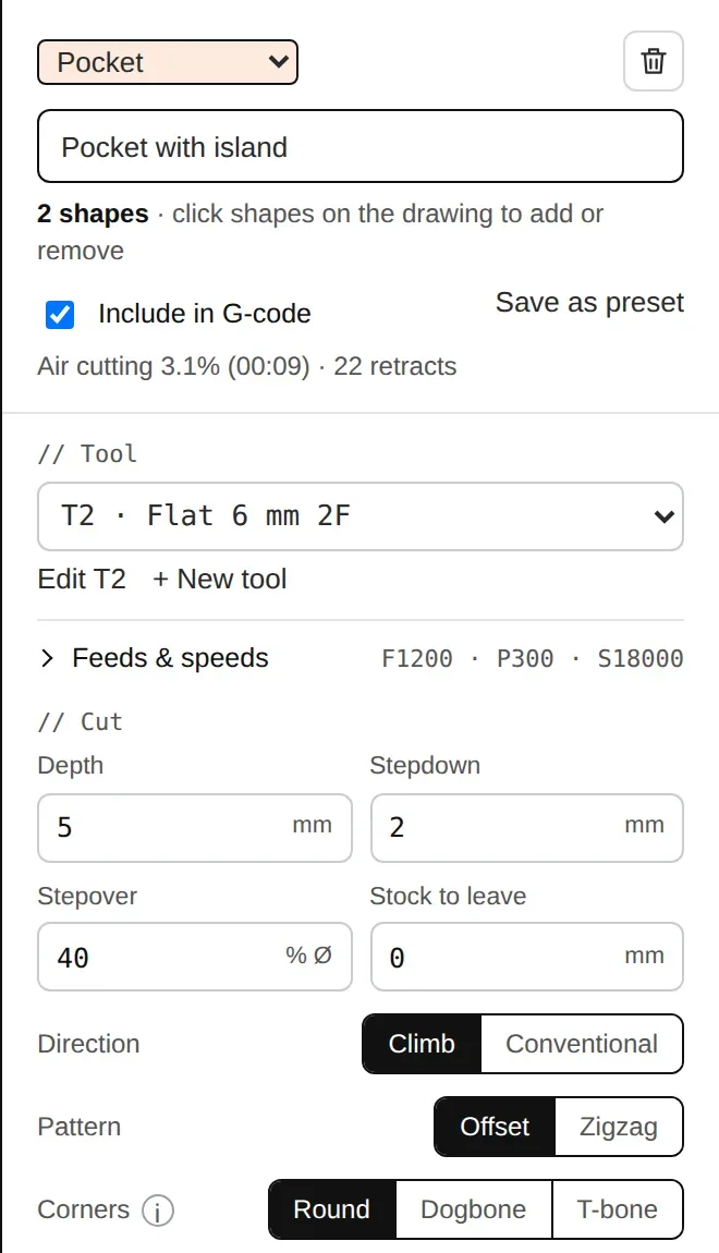 The settings of a pocket operation.