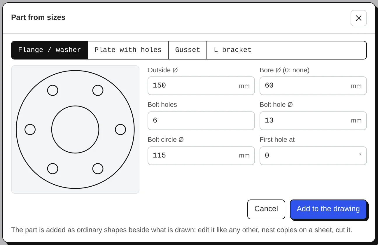 Part from sizes: a flange with its sizes and a live preview.