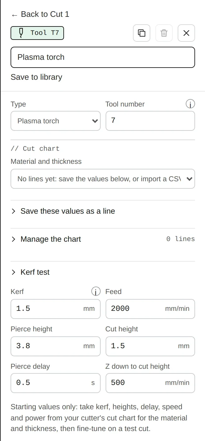 The plasma torch tool: the cut chart, save these values as a line, manage the chart, the kerf test.