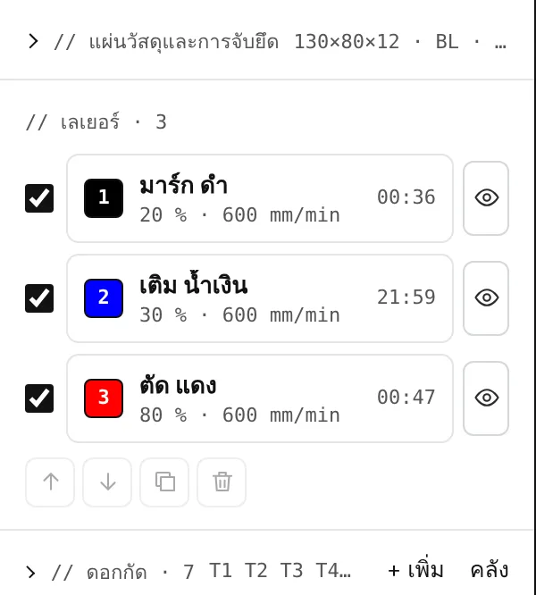 เลเยอร์: มาร์ก เติม ตัด แต่ละเลเยอร์มีกำลัง อัตราป้อน และเวลารัน