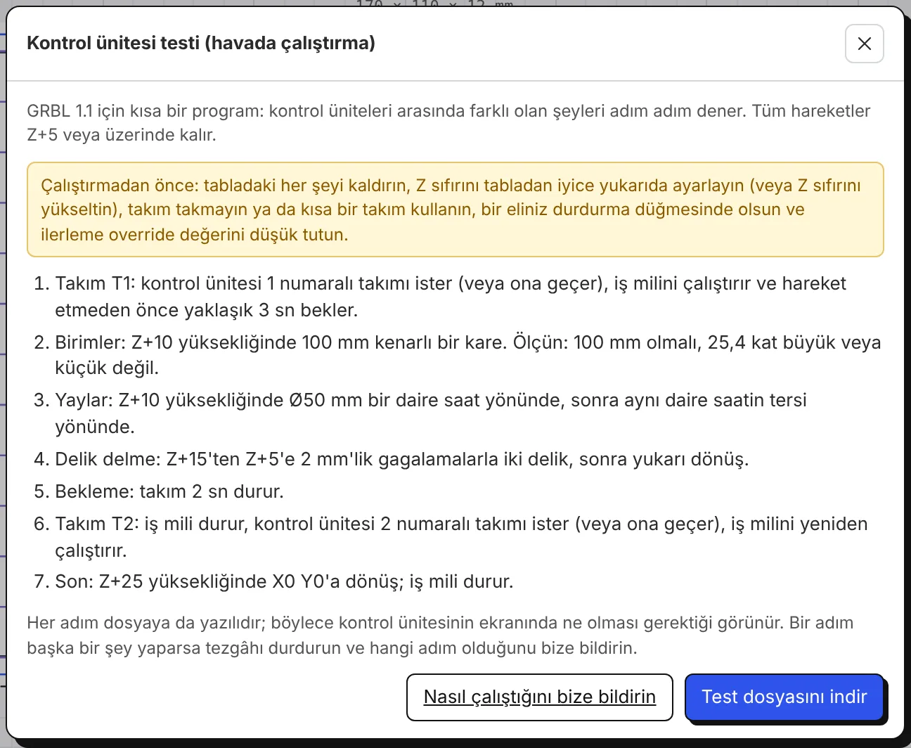 Kontrol ünitesi testi penceresi: adımlar, güvenlik notu, test dosyasını indirme.