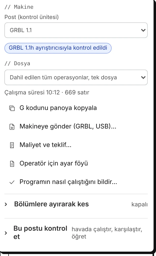 Dışa aktarma menüsü: post ve rozeti, dosya, kopyalama, gönderme, maliyet ve teklif, ayar föyü, rapor, bölümlere ayırarak kesme, postu kontrol etme.