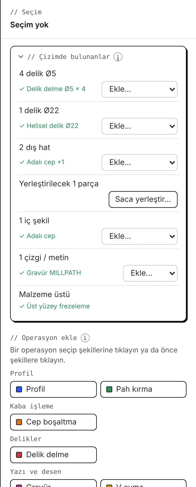 Çizimde bulunanlar: delikler, konturlar, yazı ve önerilen operasyonlar.