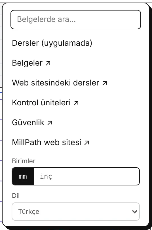 Yardım menüsü: arama, dersler, belgeler, kontrol üniteleri, güvenlik, birimler, dil.