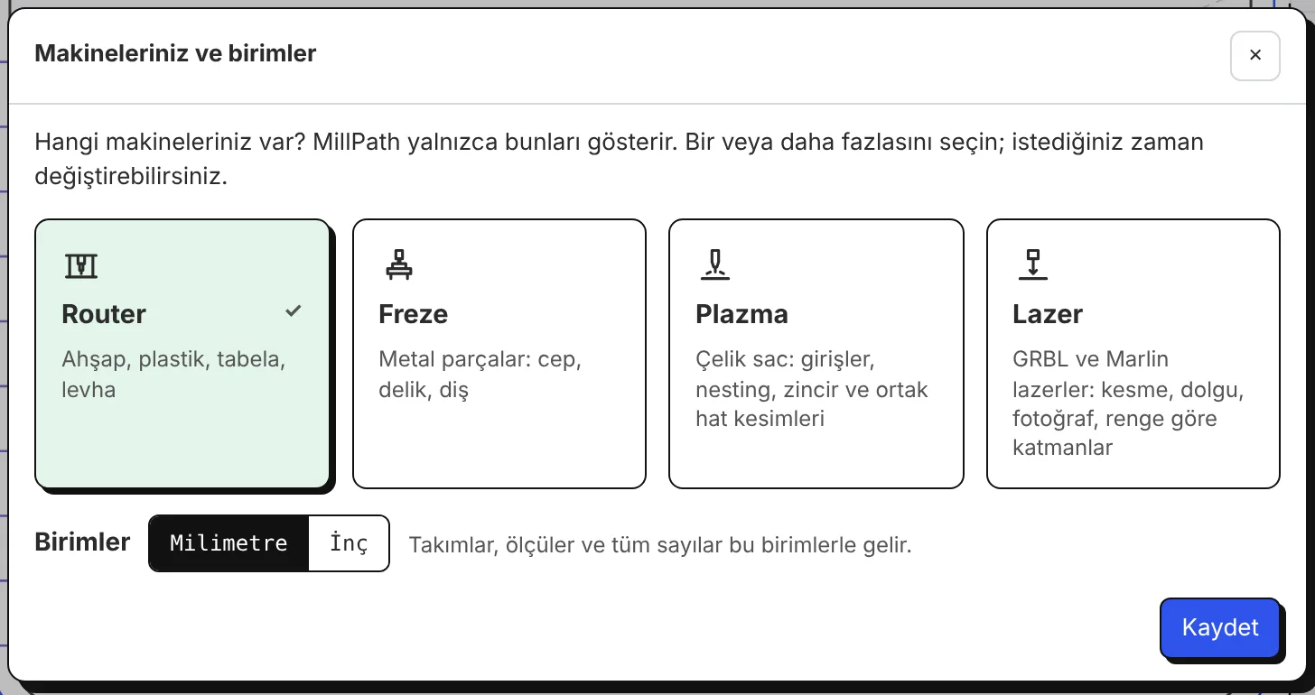 Makineleriniz ve birimler: Router, Freze, Plazma, Lazer; milimetre veya inç.