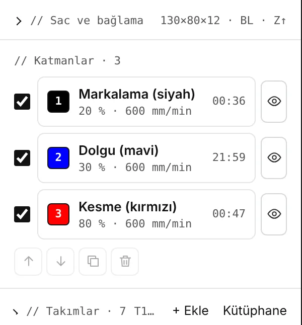Katmanlar: markalama, dolgu, kesme; her biri güç, ilerleme ve çalışma süresiyle.