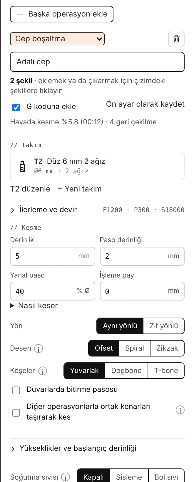 Bir cep boşaltma operasyonunun ayarları.