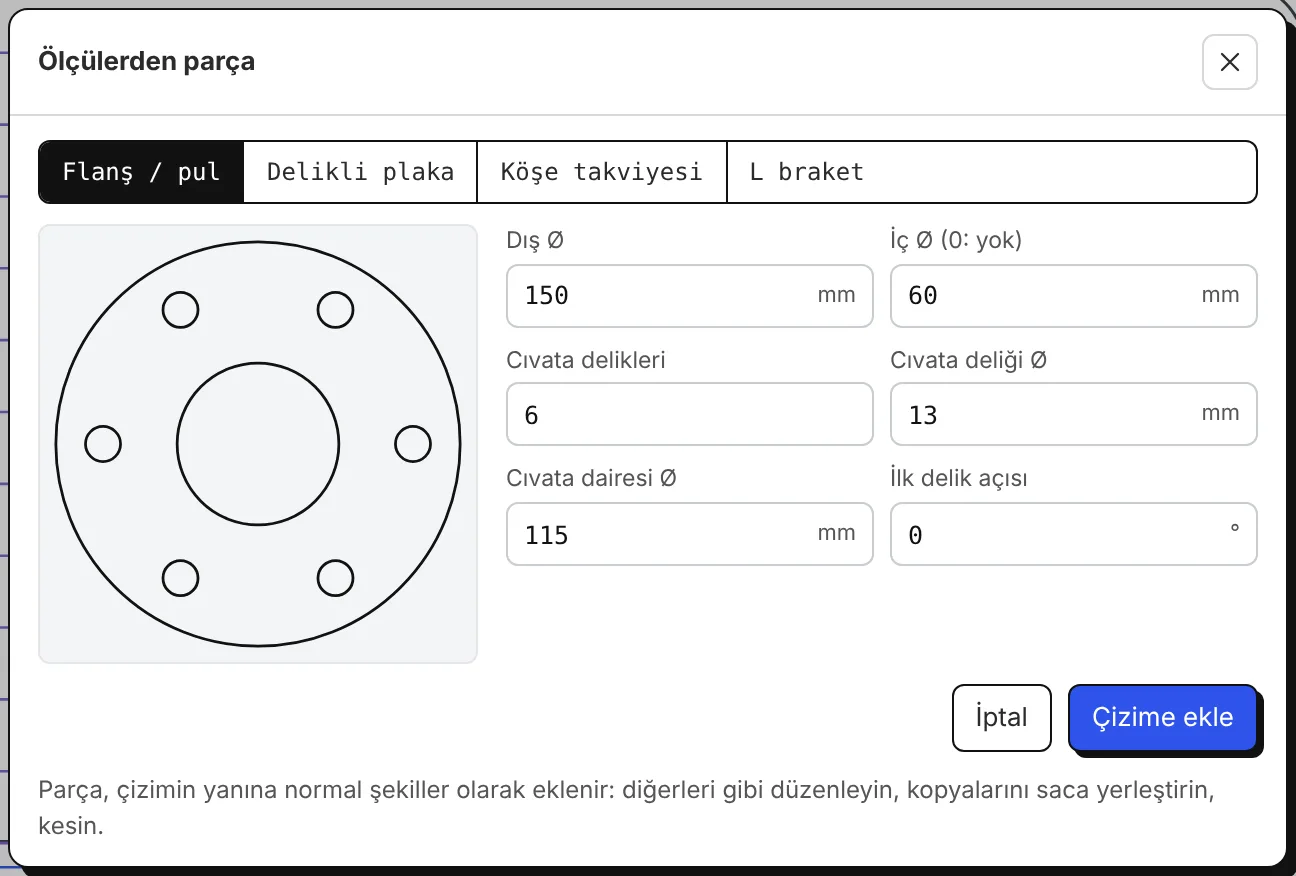Ölçülerden parça: ölçüleri ve canlı önizlemesiyle bir flanş.