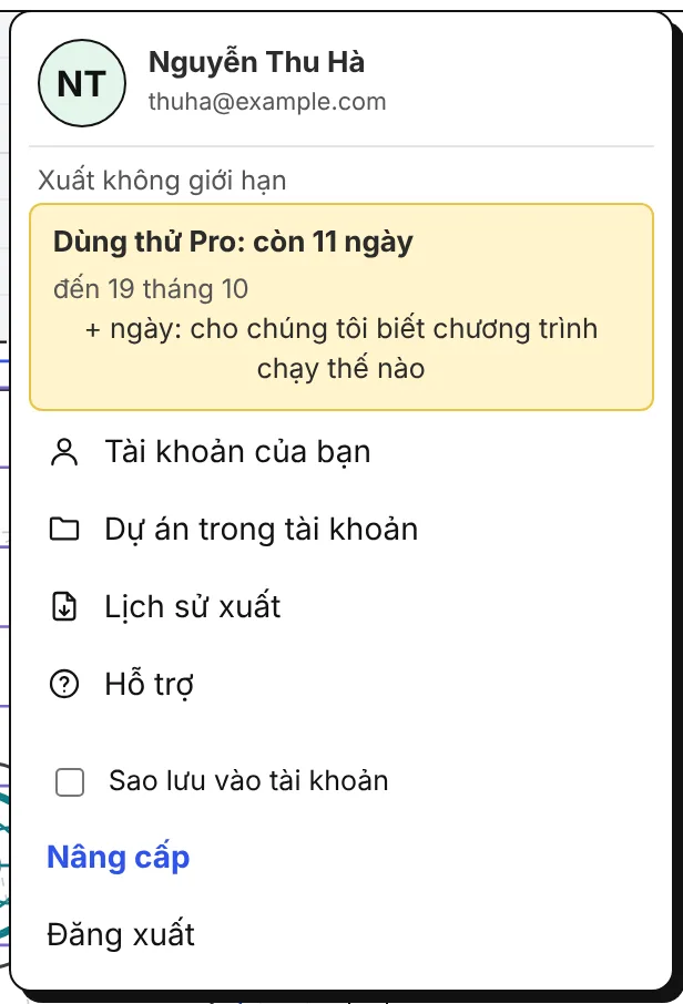 Menu tài khoản: tên, gói và số ngày dùng thử còn lại, tài khoản của bạn, dự án, lịch sử xuất, hỗ trợ, sao lưu, đăng xuất.