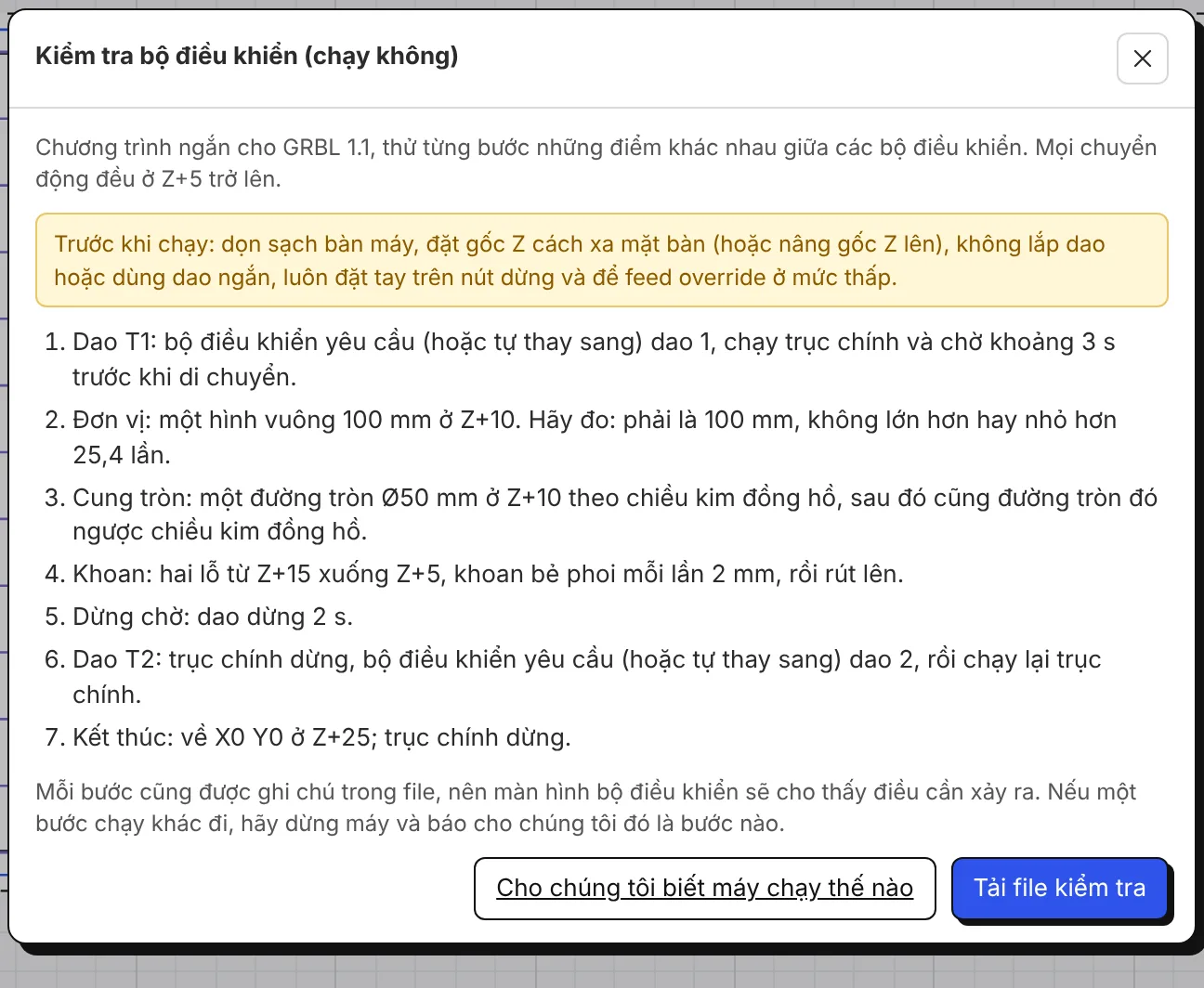 Cửa sổ kiểm tra bộ điều khiển: các bước, ghi chú an toàn, tải file kiểm tra.