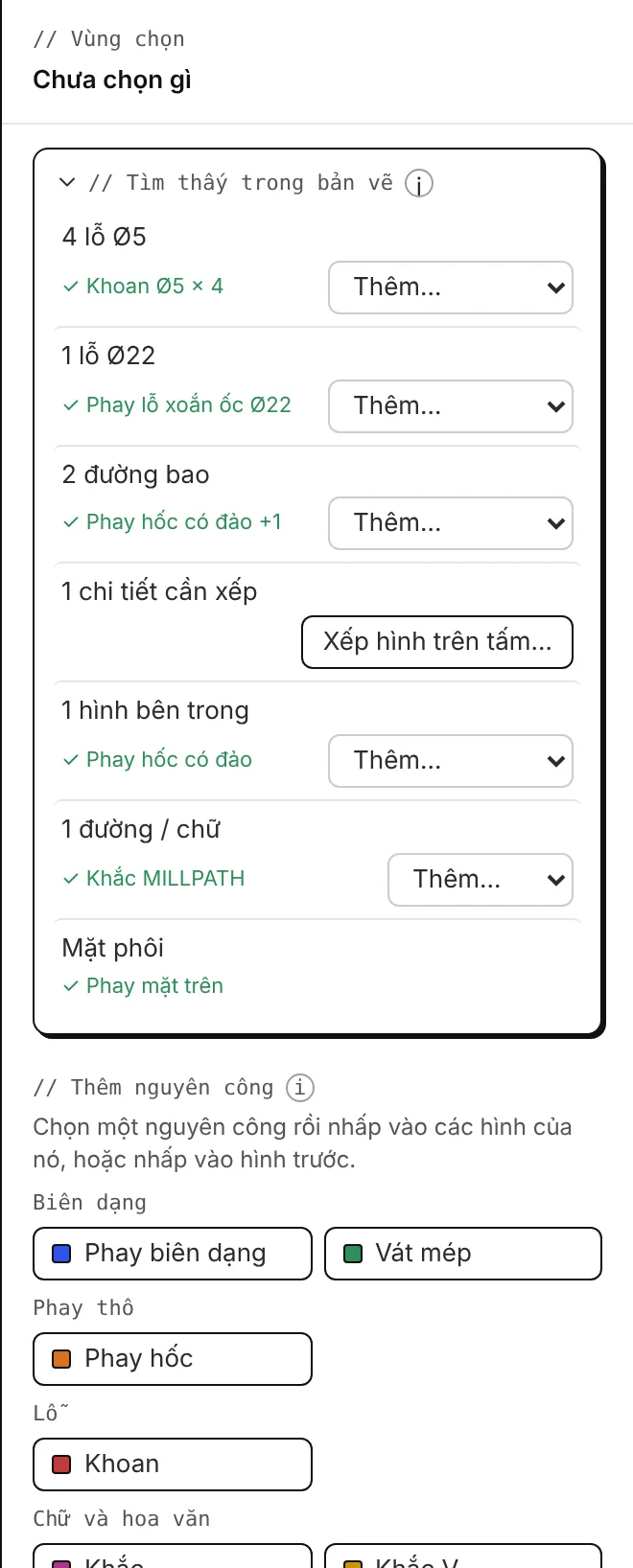 Tìm thấy trong bản vẽ: lỗ, đường bao, chữ và các nguyên công được gợi ý.