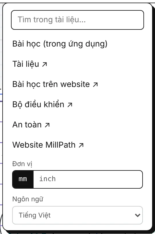 Menu trợ giúp: tìm kiếm, bài học, tài liệu, bộ điều khiển, an toàn, đơn vị, ngôn ngữ.