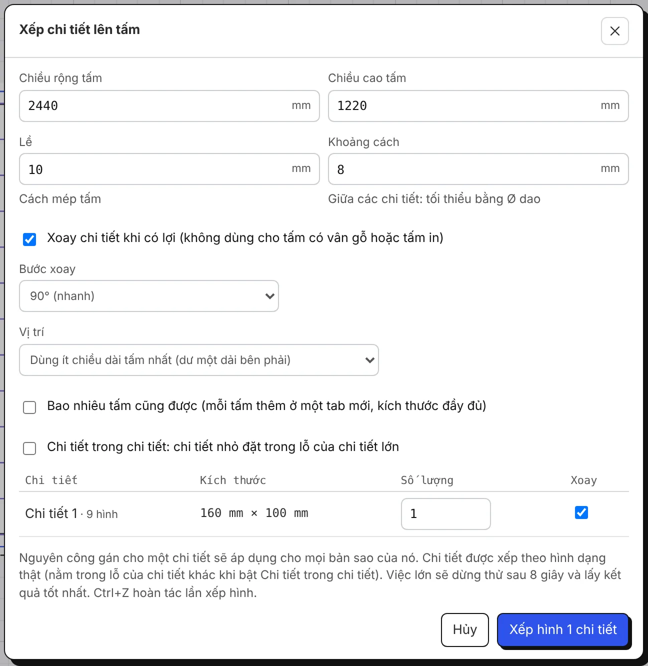 Cửa sổ Xếp hình: kích thước tấm, lề, khoảng cách, xoay, vị trí, số tấm, chi tiết trong chi tiết, số lượng mỗi chi tiết.
