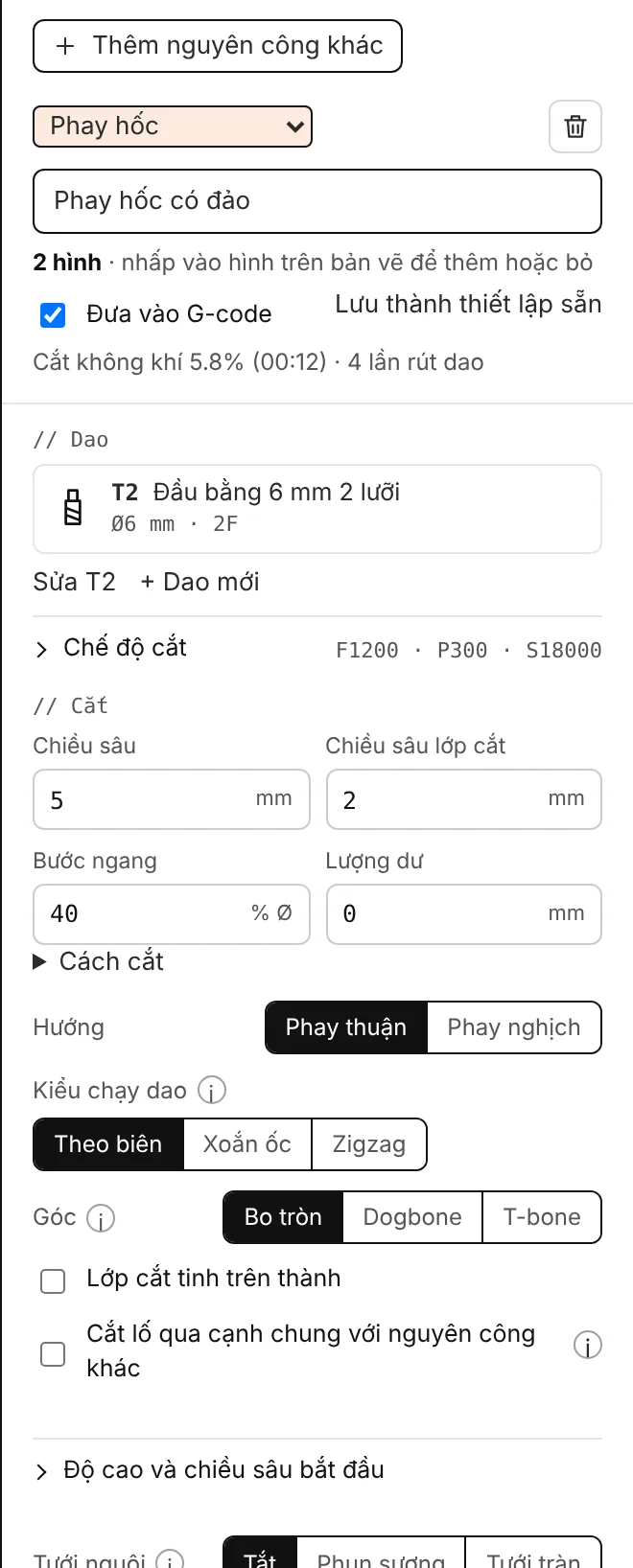 Các thông số của một nguyên công phay hốc.